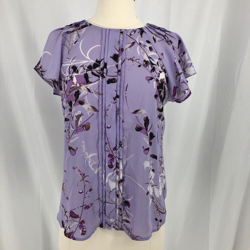 Worthington Petite Small Purple Floral Blouse Short Sleeve Career Top Pleated